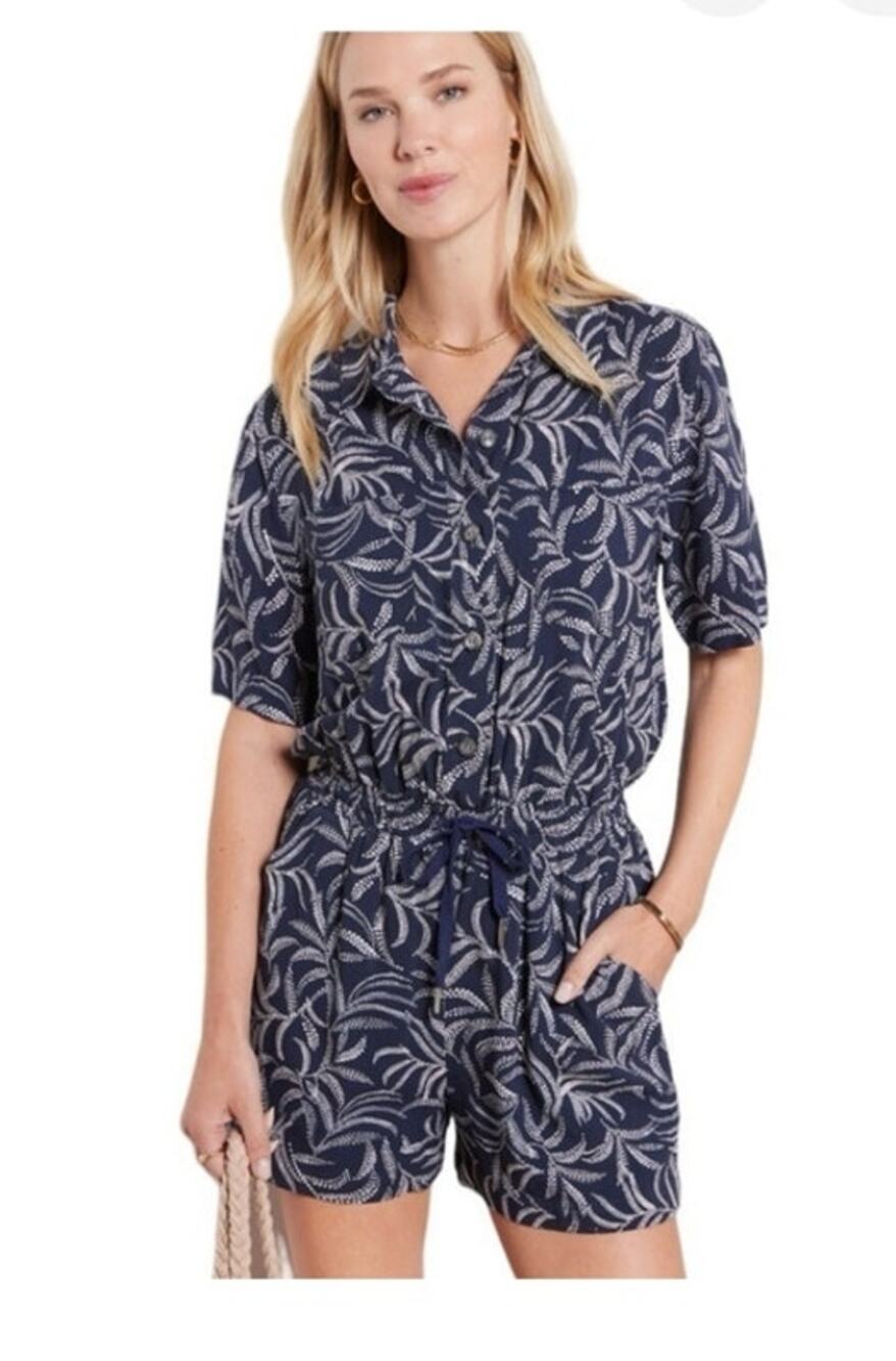 Evereve Navy Ivy Tropical Short Sleeve Romper Button Front Collared Preppy Sz XS